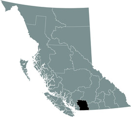 Black flat blank highlighted location map of the FRASER VALLEY regional district inside gray administrative map of the Canadian province of British Columbia, Canada