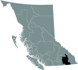 Black flat blank highlighted location map of the CENTRAL KOOTENAY regional district inside gray administrative map of the Canadian province of British Columbia, Canada