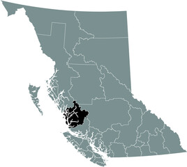 Black flat blank highlighted location map of the CENTRAL COAST regional district inside gray administrative map of the Canadian province of British Columbia, Canada