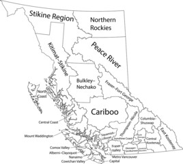 White flat vector administrative map of Canadian province of BRITISH COLUMBIA, CANADA with black border lines and name tags of its regional districts
