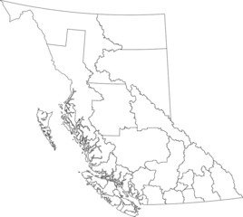 White flat blank vector administrative map of Canadian province of BRITISH COLUMBIA, CANADA with black border lines of its regional districts