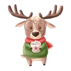 Deer in green sweater wilh cup of cacao and marshmallows