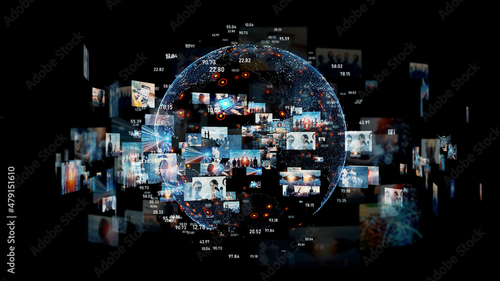 Poster Digital contents concept. Social networking service. Streaming video. communication network. 