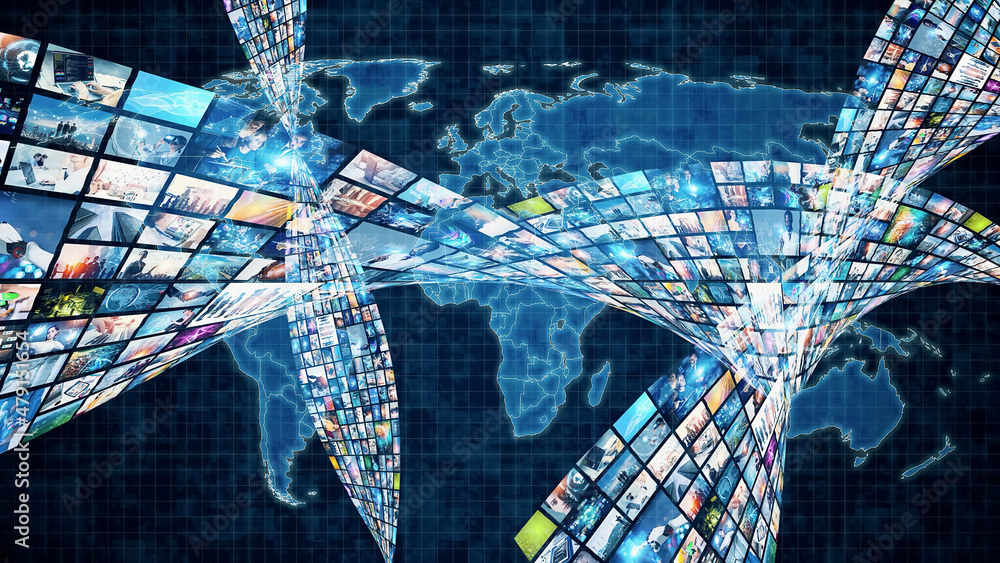 Poster digital contents concept. social networking service. streaming video. communication network.