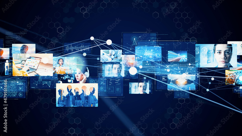 Poster Digital contents concept. Social networking service. Streaming video. communication network. 