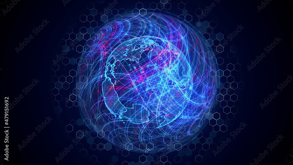Poster global communication network concept. planet earth in cyberspace.
