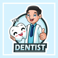 Doctor  Dentist character dental checkup vector illustration on blue background. Dental concept.