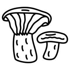  Saffron milk cap, mushroom ginger. Mycelium, large and small mushroom. Edible forest mushrooms. Vector icon, outline, isolated