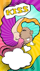 kiss love man woman pop art poster comics saint valentine day bright banner