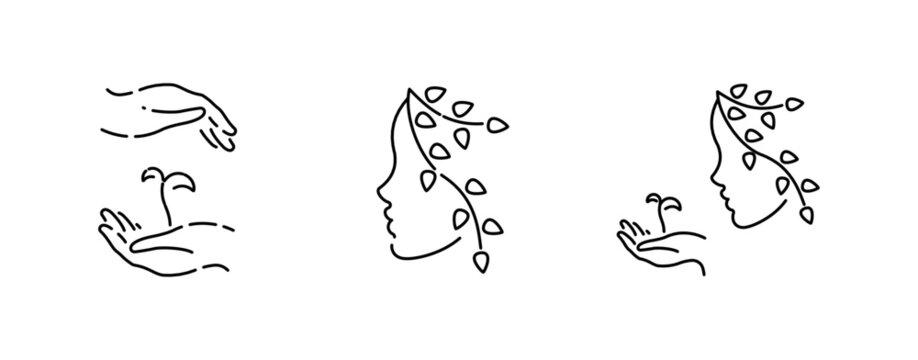 Female Head And Hands With Flower Sprout Hand-drawn Line Art Illustration Drawing In Minimalism Style 