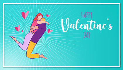 Felice giorno di san Valentino, coppia abbracciata con cuori, illustrazione semplice.