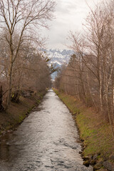 Fototapeta premium Small river flows through the nature in Vaduz in Liechtenstein