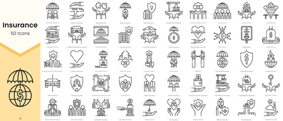 Simple Outline Set of Insurance Icons. Thin Line Collection contains such Icons as assumption reinsurance, aviation, boiler, bond insurance and more