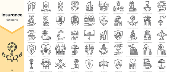 Simple Outline Set of Insurance Icons. Thin Line Collection contains such Icons as payment protection, peer to peer, pension insurance and more