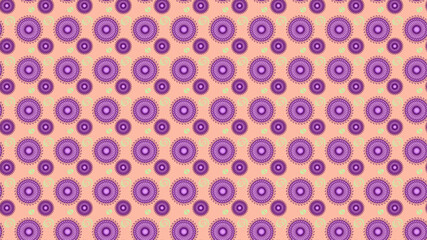 Repeating psychedelic mandala shapes pattern on pink coral background.