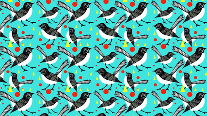 Obraz premium Willy Wagtail bird fun bright background pattern. Repeating pattern on blue green background.