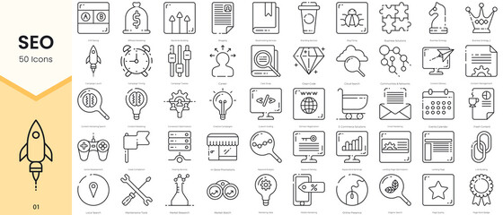 Simple Outline Set of SEO Icons. Thin Line Collection contains such Icons as affliliate marketing, backlinks building, blogging, bookmarking services and more - obrazy, fototapety, plakaty