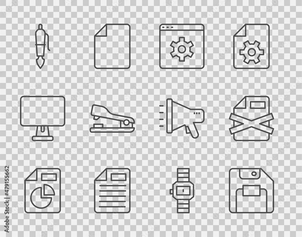 Poster set line document with graph chart, floppy disk, browser setting, file document, fountain pen nib, s