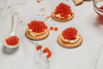 A close up view of a row of cracker and cream cheese canapes. Gourmet food close up, appetizer, selective focus, place for text