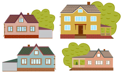A set of beautiful houses will decorate your design. A group of houses is suitable for advertising a real estate agency, sale or rental. Vector illustration. - 479155802