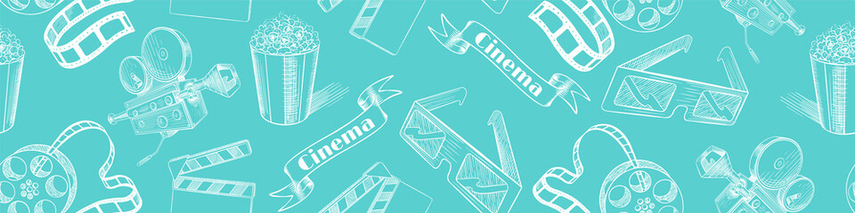 Vintage cinema sketchy seamless pattern. Retro film background. Vector illustration.