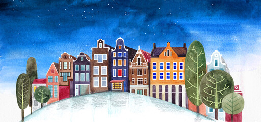 Fototapeta premium Night city.Winter landscape in blue tones. Beautiful houses in the snow. Watercolor illustration. 