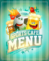 Sports cafe menu cover design template with football ball and funny beer mugs personages