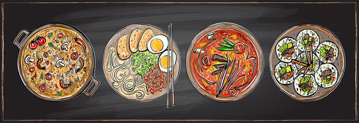 Ramen, kimbap, fried rice and soup - chalk hand drawn asian food dishes