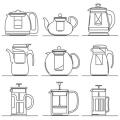Set of simple vector images of modern glass teapot with strainer (tea mesh infuser) drawn in art line style. - 479157854