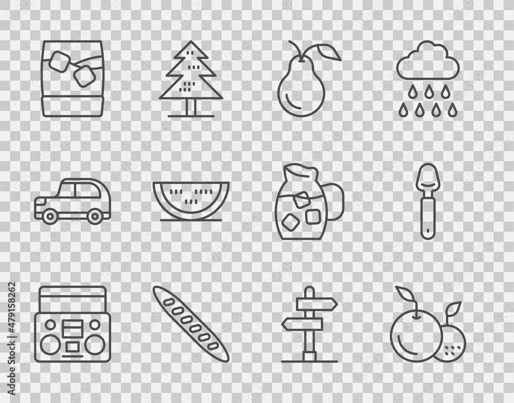 Sticker Set line Home stereo with two speakers, Fruit, Pear, French baguette bread, Glass of whiskey ice, Watermelon, Road traffic sign and Spoon icon. Vector