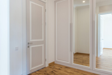 A bright corridor in the house with a door and a mirrored built-in wardrobe.