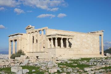 The Erechtheion's south porch, whose roof, instead of being supported on columns, lean on the heads of six statues, the Caryatids.