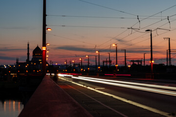 Fototapeta na wymiar Long time exposure of traffic through Dresden, Yenidze in background