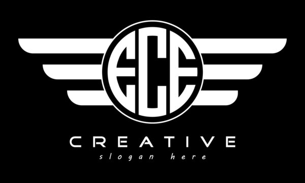 ECE three letter monogram type circle letter logo with wings vector template.