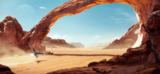 Fantastisch Sci-fi landschap van een ruimteschip op een zonnige dag, vliegend over een woestijn met verbazingwekkende boogvormige rotsformaties.