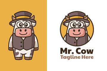 Cartoon Cow Wear Suit Vest Logo Design
