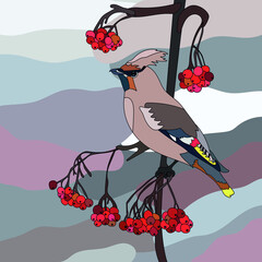 Vector winter bird on rowan branch with berries can be used as background,
textile or fabric decor, poster idea, etc.