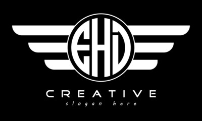 EHD three letter monogram type circle letter logo with wings vector template.