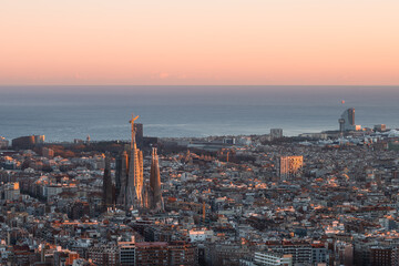 Sunset over Barcelona skyline and the Sagrada Familia