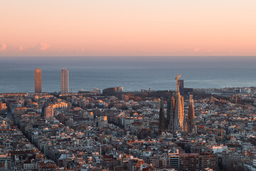 Sunset over Barcelona skyline and the Sagrada Familia