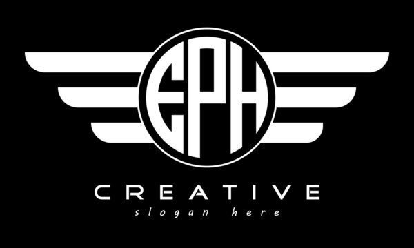 EPH three letter monogram type circle letter logo with wings vector template.