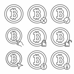 Bitcoin icons set. Outline. Cryptocurrency collection with cross, check mark, lock, unlocked, arrow, pointer. Bitcoin growth and fall icon. Vector illustration isolated on white background.