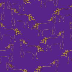 Horse stylized silhouette seamless pattern, yellow outline horse on purple background