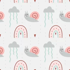 Peel and stick wallpaper Rainbow Cute snails seamless pattern. Hand dawn garden characters with botanical elements, pastel colors, baby decor, kids nursery and clothes. Decor textile, wrapping paper wallpaper vector print or fabric