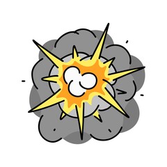 Comic explosion. Bomb explosion, meteorite fall, smoke cloud or fire flash. Atomic boom or dynamite detonation, doodle style, vector cartoon hand drawn color isolated single illustration
