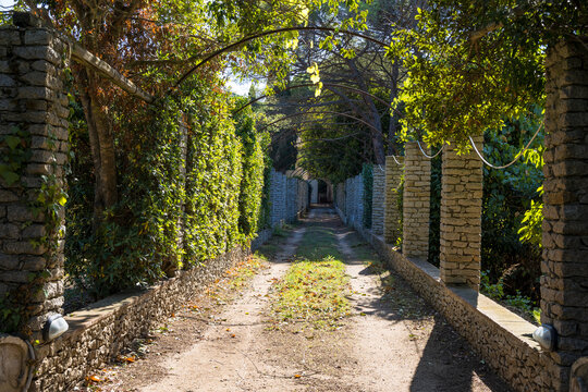 Overgrown portico in the small coastal town of Procchio on the island of Elba in Italy