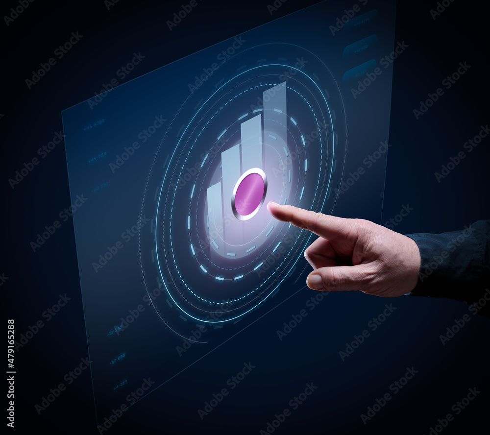 Poster virtual start button on the holographic screen. futuristic diagram with a schedule, starting a busin