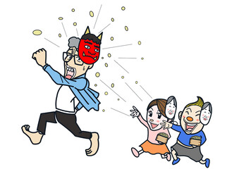 節分で子供に豆を投げつけられるお父さん.