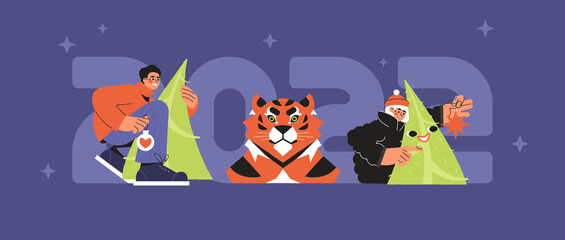 Flat vector banner with New Year concept. New Year characters with a tree and a tiger.