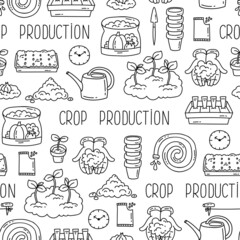 Vector seamless pattern on the theme of crop production, agriculture, farming, gardening, planting. Background with symbols of nature, flora, botany